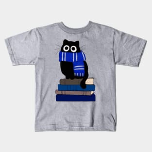 cat with blue scarf on stack of books Kids T-Shirt